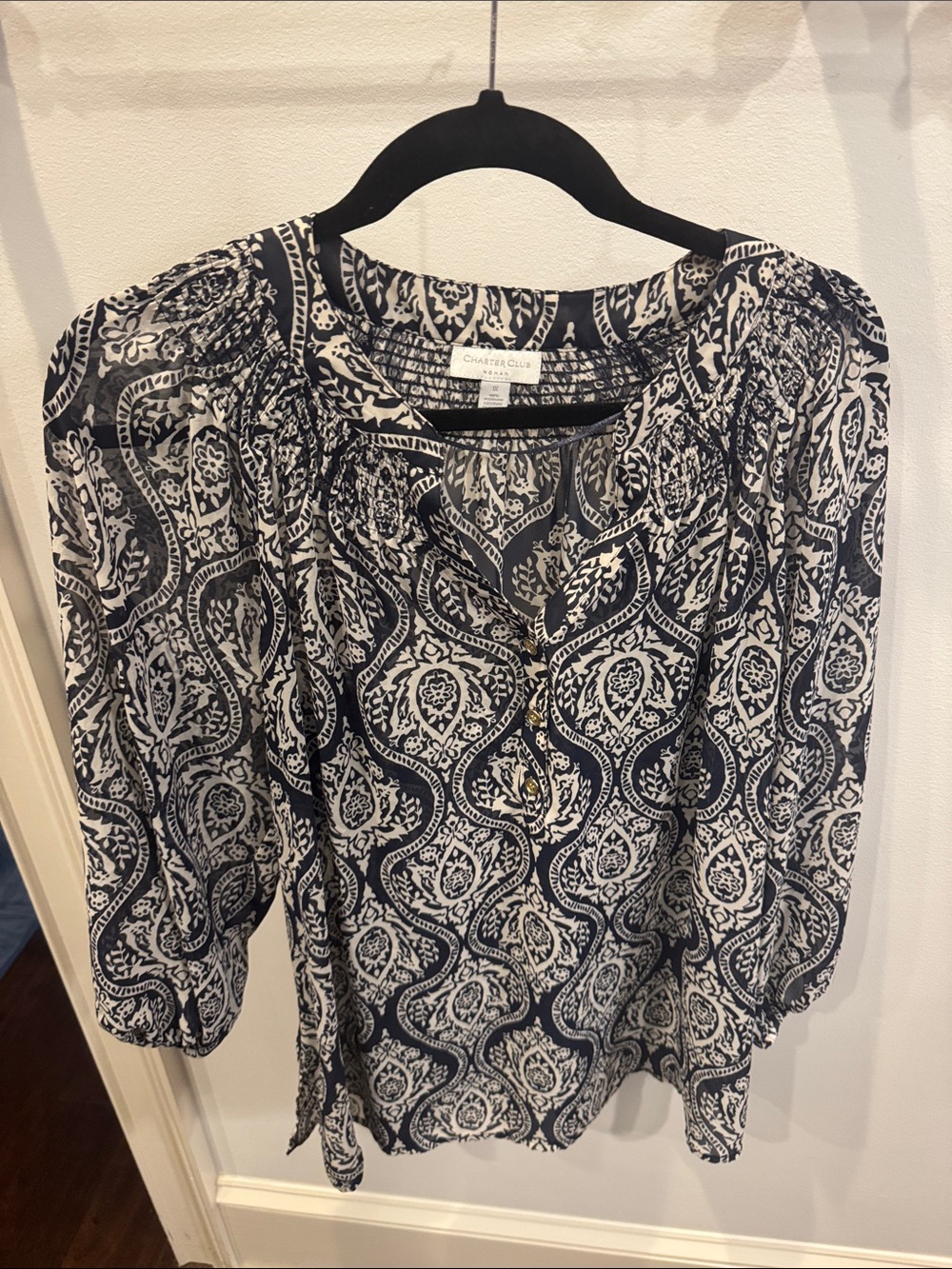 Charter Club Navy and White Paisley Peasant Blouse